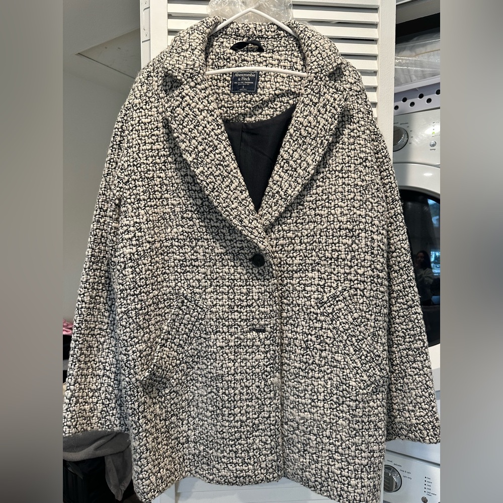 Abercrombie & Fitch Black and White oversized Bouclé Pea Coat